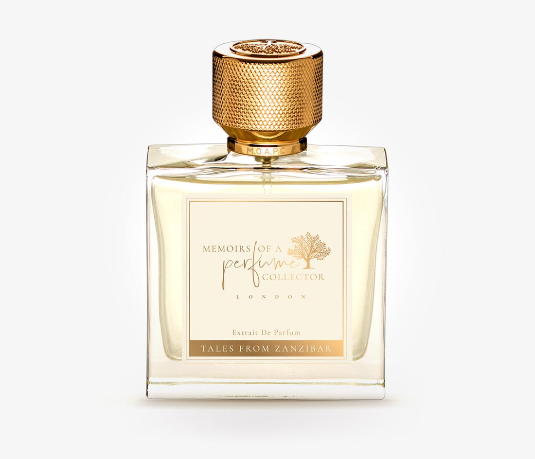 Memoirs of a Perfume Collector Tales from Zanzibar perfume with gold textured cap and clear glass bottle