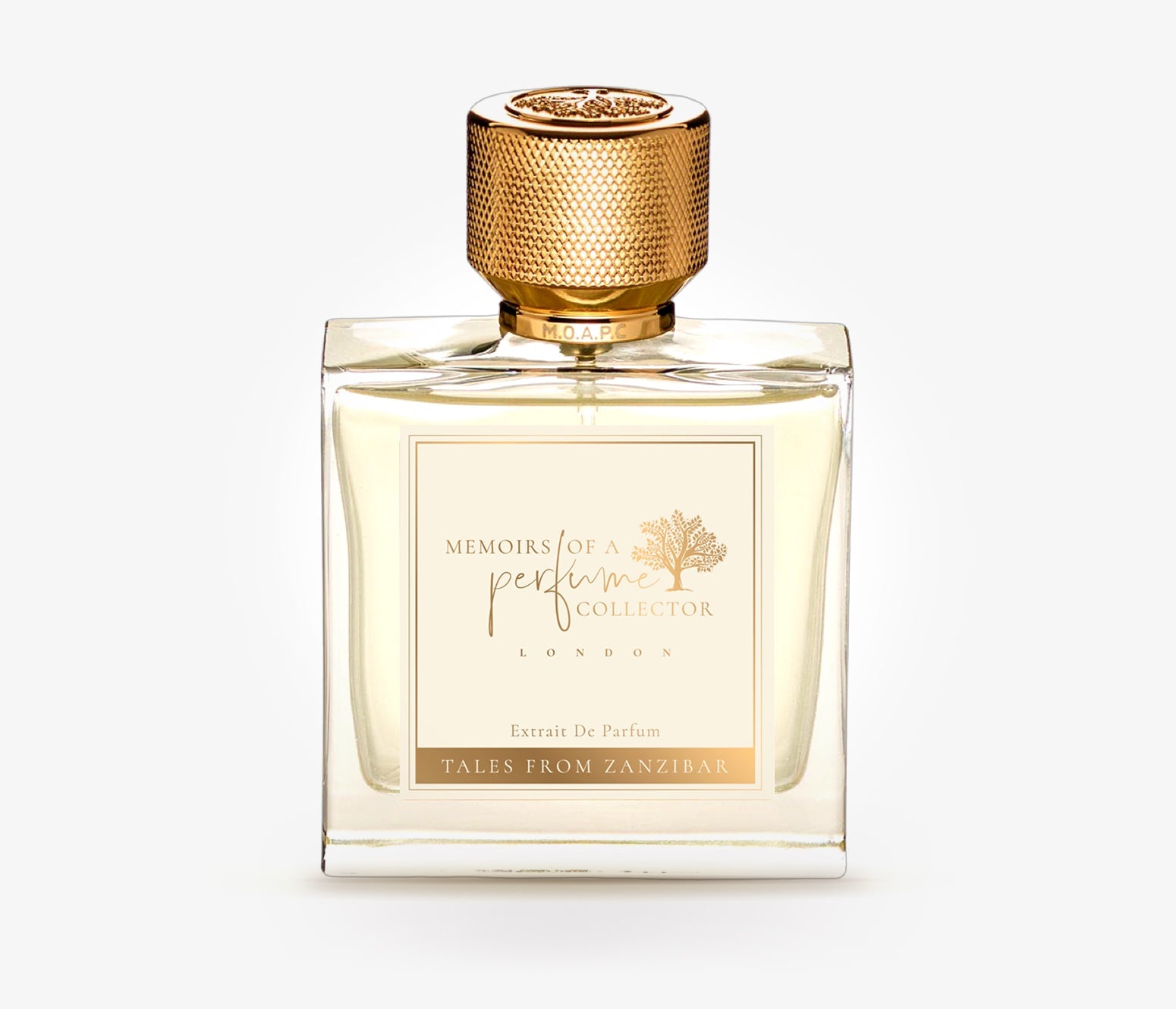 Memoirs of a Perfume Collector Tales from Zanzibar perfume with gold textured cap and clear glass bottle