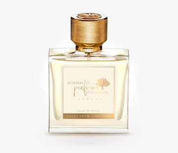 Memoirs of a Perfume Collector Tales from Zanzibar perfume with gold textured cap and clear glass bottle