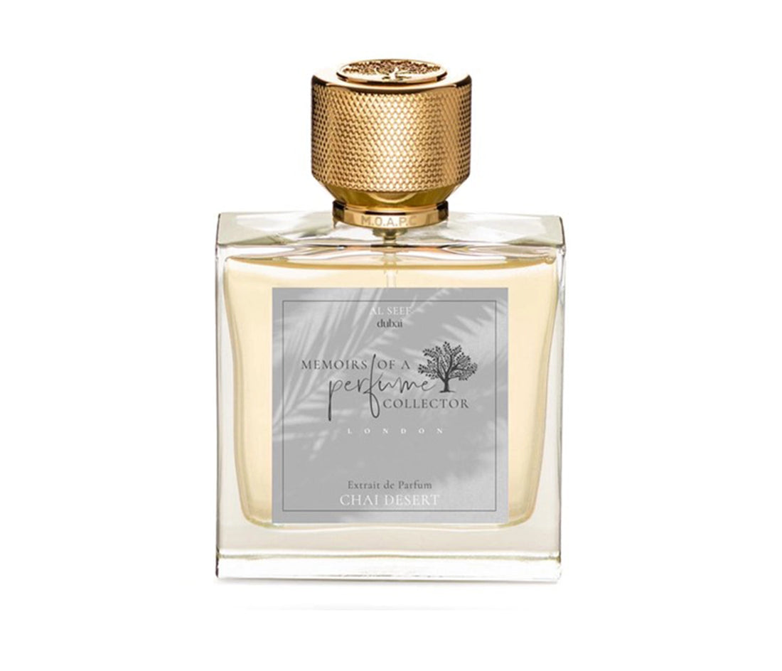 Memoirs of a Perfume Collector chai desert perfume bottle with gold textured cap and clear glass design