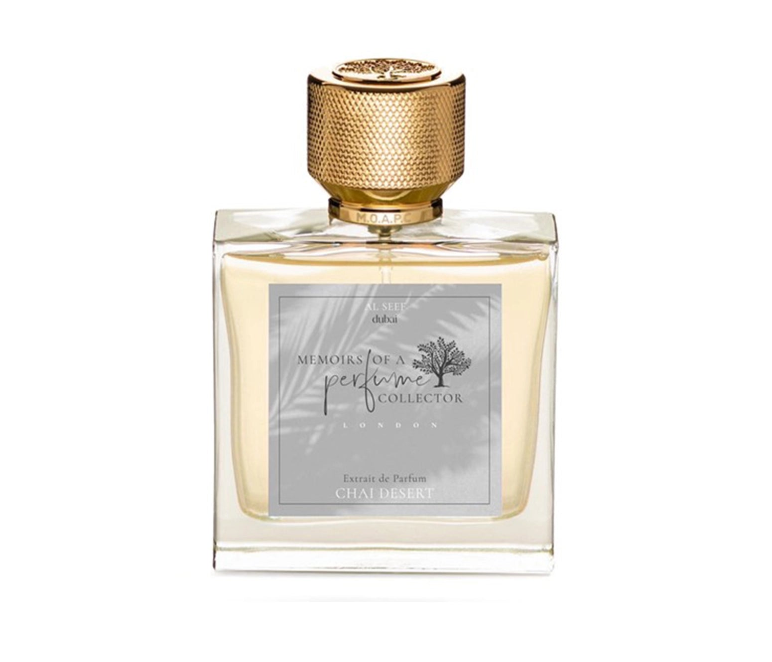 Memoirs of a Perfume Collector chai desert perfume bottle with gold textured cap and clear glass design