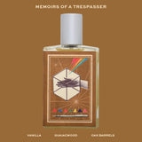 Imaginary Authors MEMOIRS OF A TRESPASSER fragrance bottle with artistic label featuring hand and colorful rays