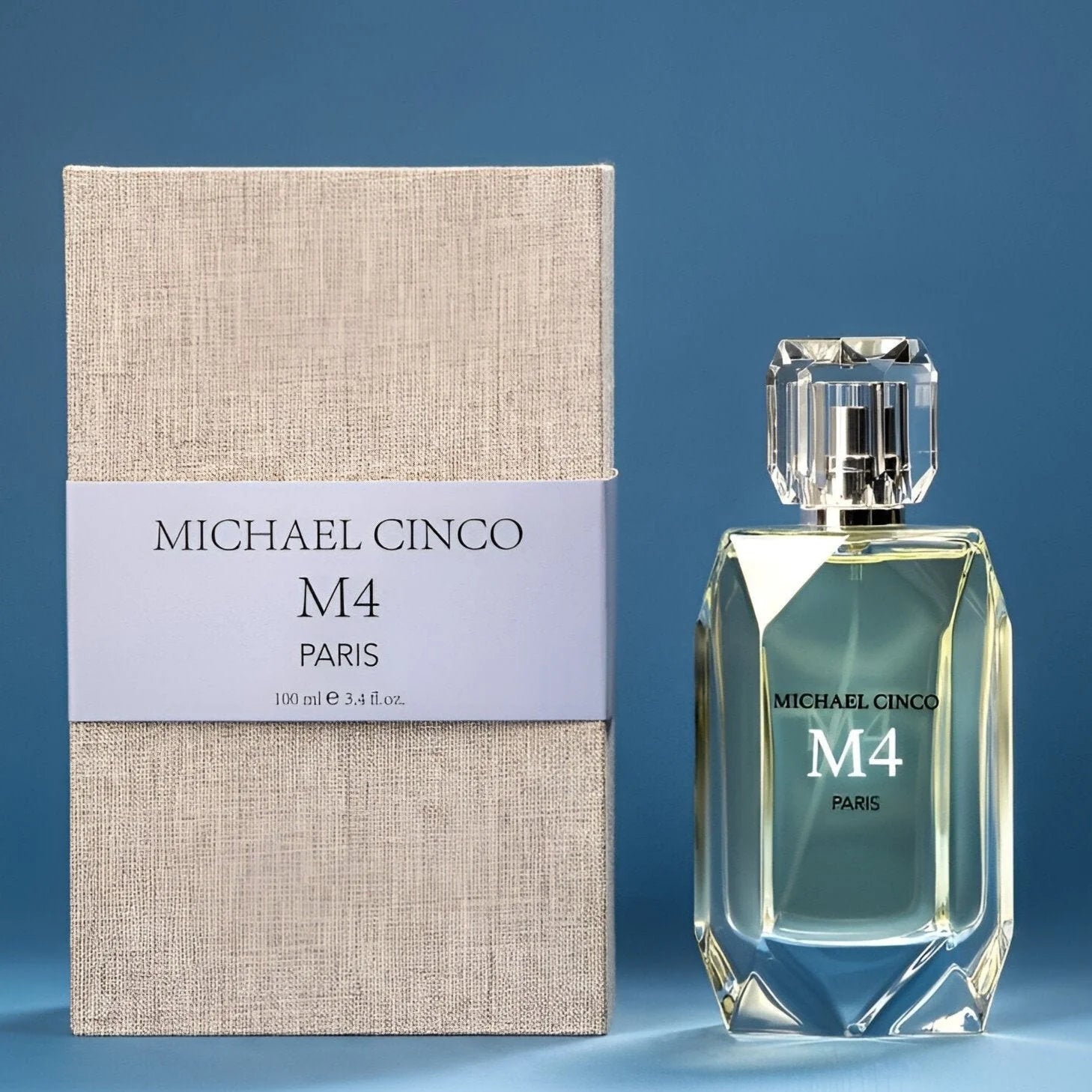Michael Cinco M4 Paris perfume bottle and textured beige box with clear geometric cap 100ml
