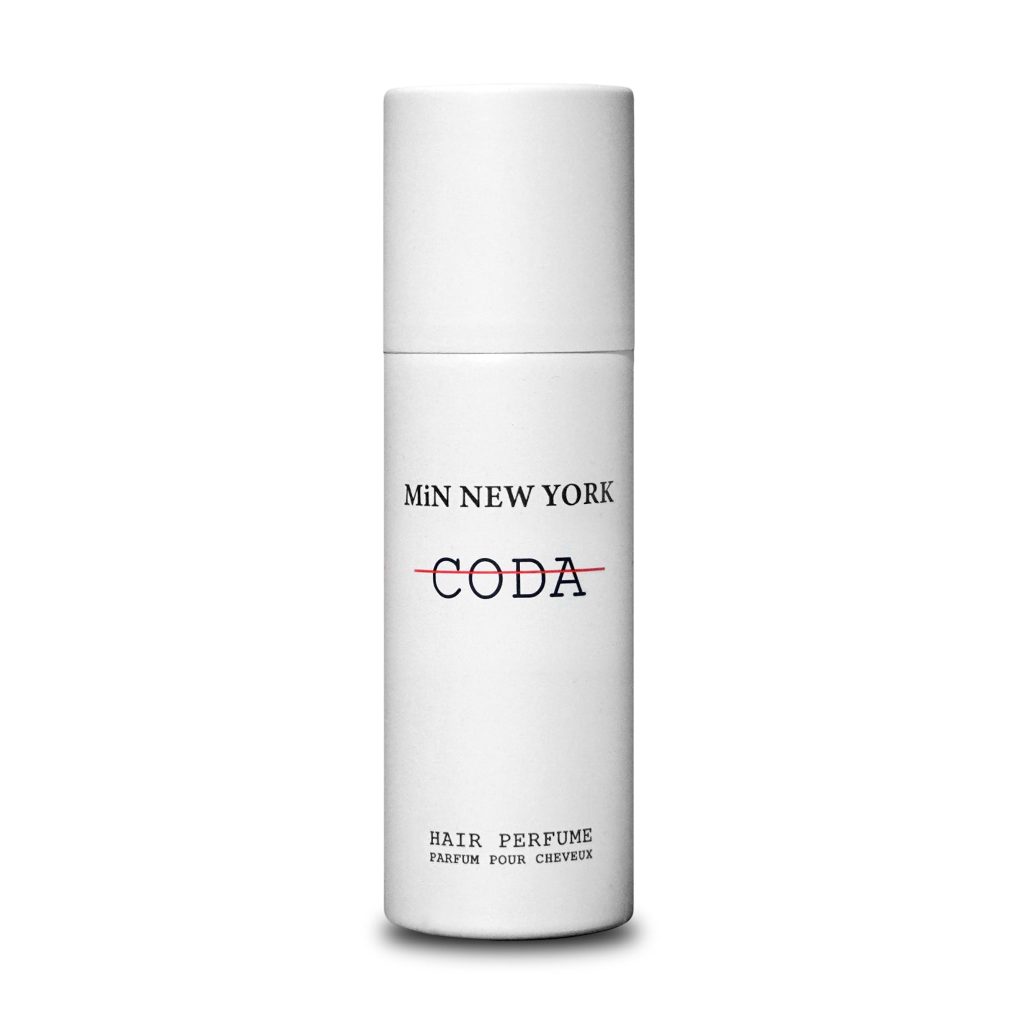 MiN NEW YORK Coda hair perfume in a sleek white cylindrical bottle with minimalist design