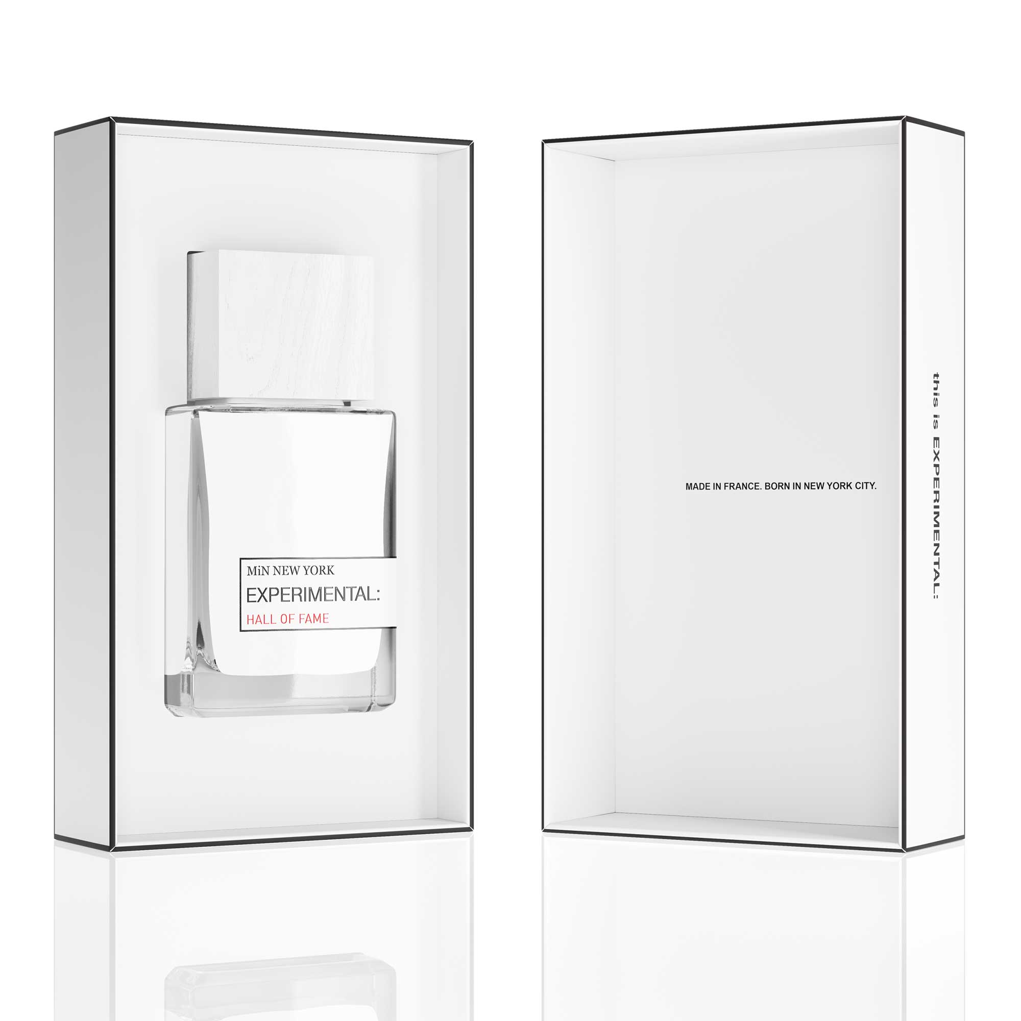 MiN NEW YORK Experimental Hall Of Fame perfume bottle in clear glass packaging with white and black accents