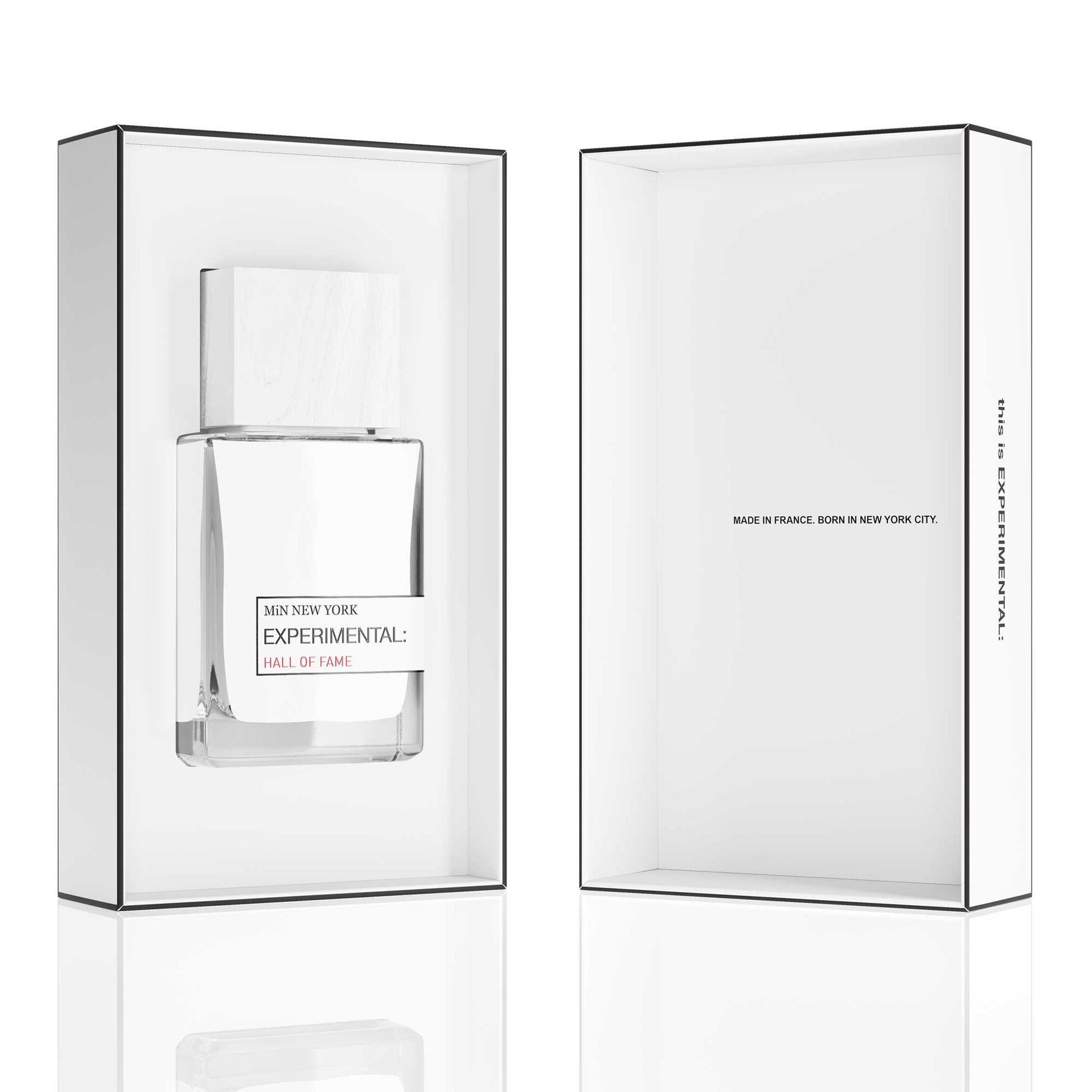MiN NEW YORK Experimental Hall Of Fame perfume bottle in clear glass packaging with white and black accents