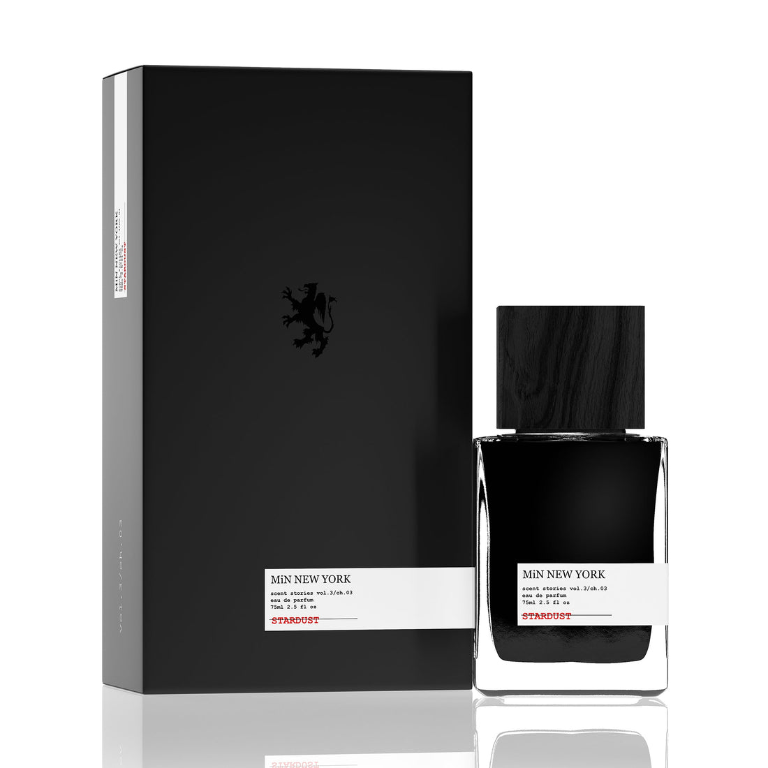 MIN New York Stardust 75ml perfume in black bottle with matching black box packaging