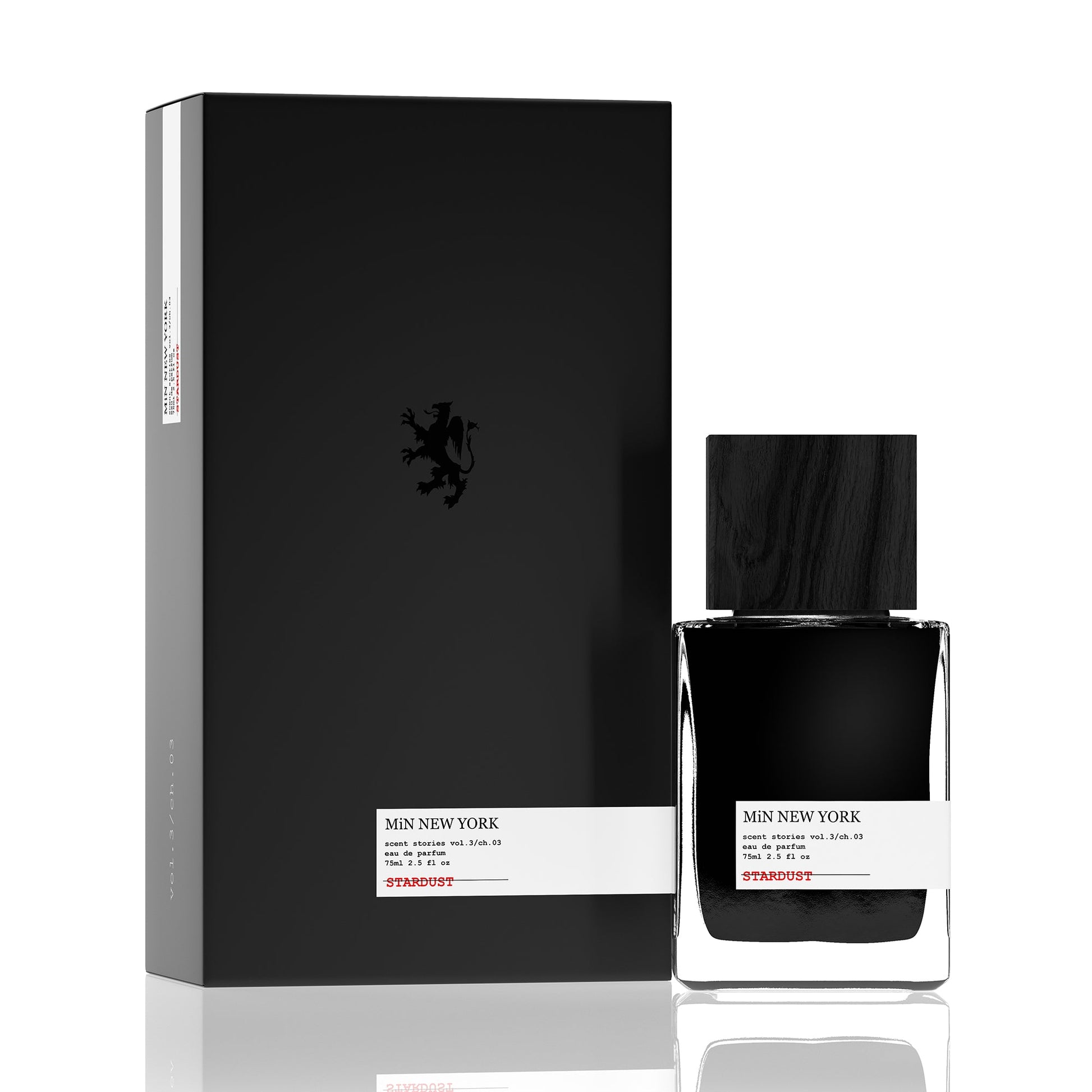 MIN New York Stardust 75ml perfume in black bottle with matching black box packaging