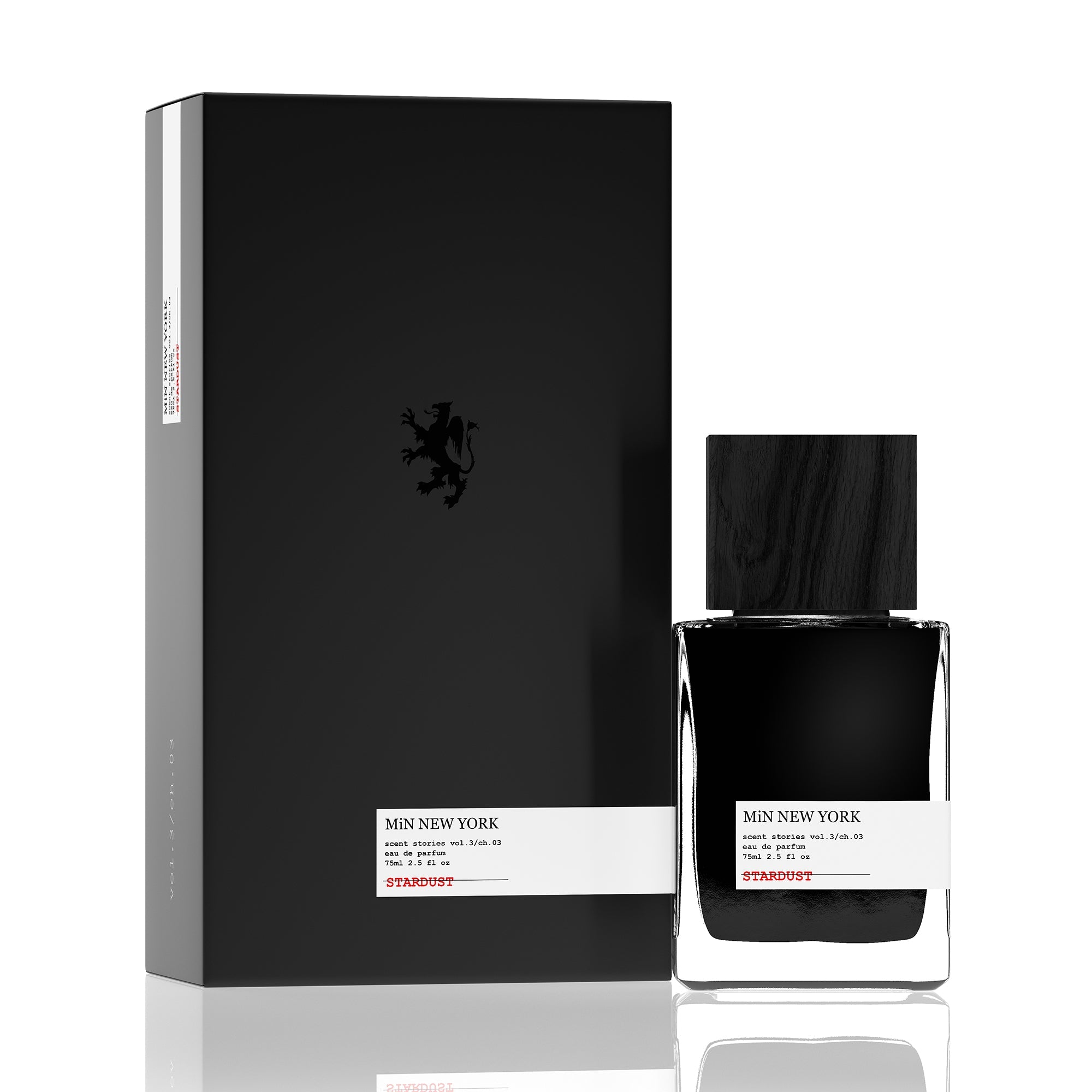 MIN New York Stardust 75ml perfume in black bottle with matching black box packaging