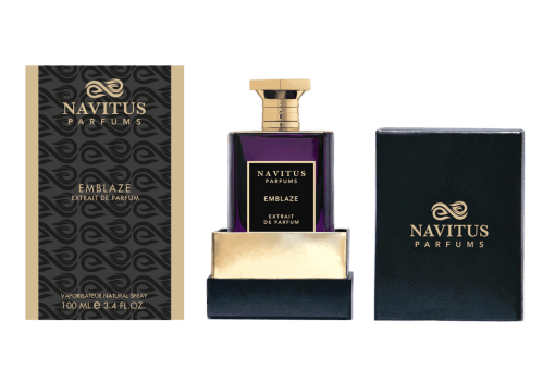 Navitus Perfumes Emblaze extrait de parfum bottle and packaging with black and gold design