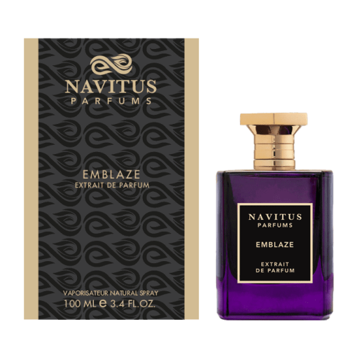 Navitus Perfumes Emblaze extrait de parfum in purple glass bottle with gold cap and matching packaging box