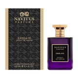 Navitus Perfumes Emblaze extrait de parfum in purple glass bottle with gold cap and matching packaging box
