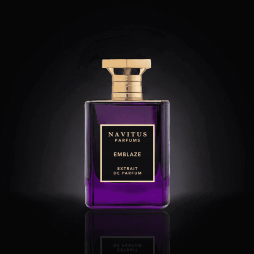 Navitus Perfumes Emblaze extrait de parfum in a purple glass bottle with gold cap and black label