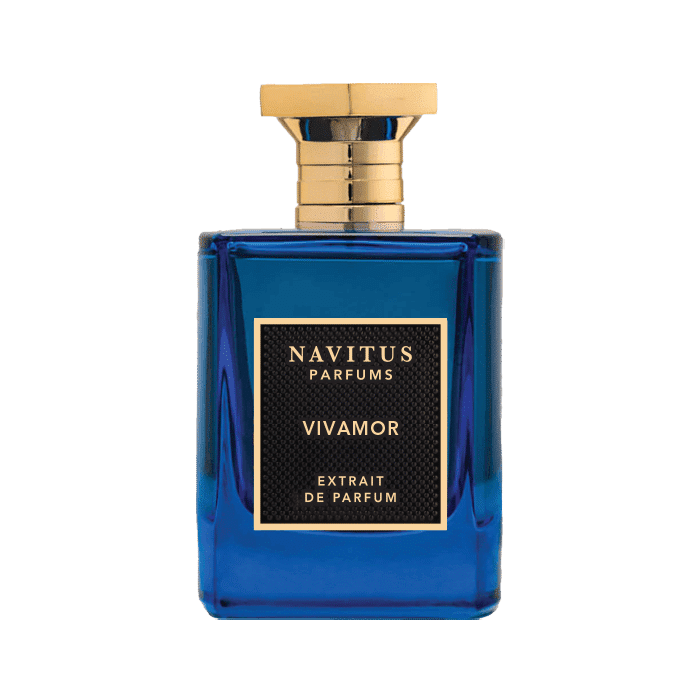 Navitus Perfumes VIVAMOR extrait de parfum in a blue glass bottle with gold cap and label