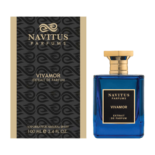 Navitus Perfumes VIVAMOR extrait de parfum in a blue glass bottle with gold cap and matching black and gold box