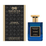 Navitus Perfumes VIVAMOR extrait de parfum in a blue glass bottle with gold cap and matching black and gold box