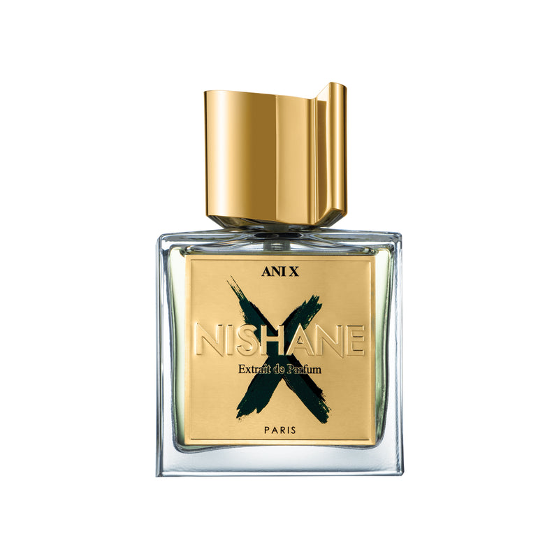 Nishane Ani X 50ml perfume bottle with gold and black label and stylish gold cap