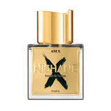 Nishane Ani X perfume bottle with gold cap and label featuring black X design and clear glass