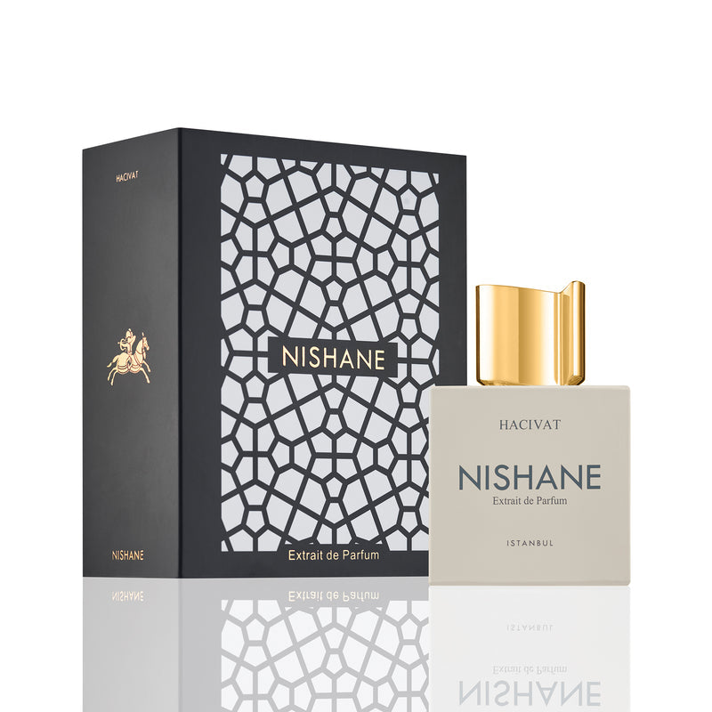 Nishane Hacivat perfume 100ml bottle with gold cap and cream-colored square design