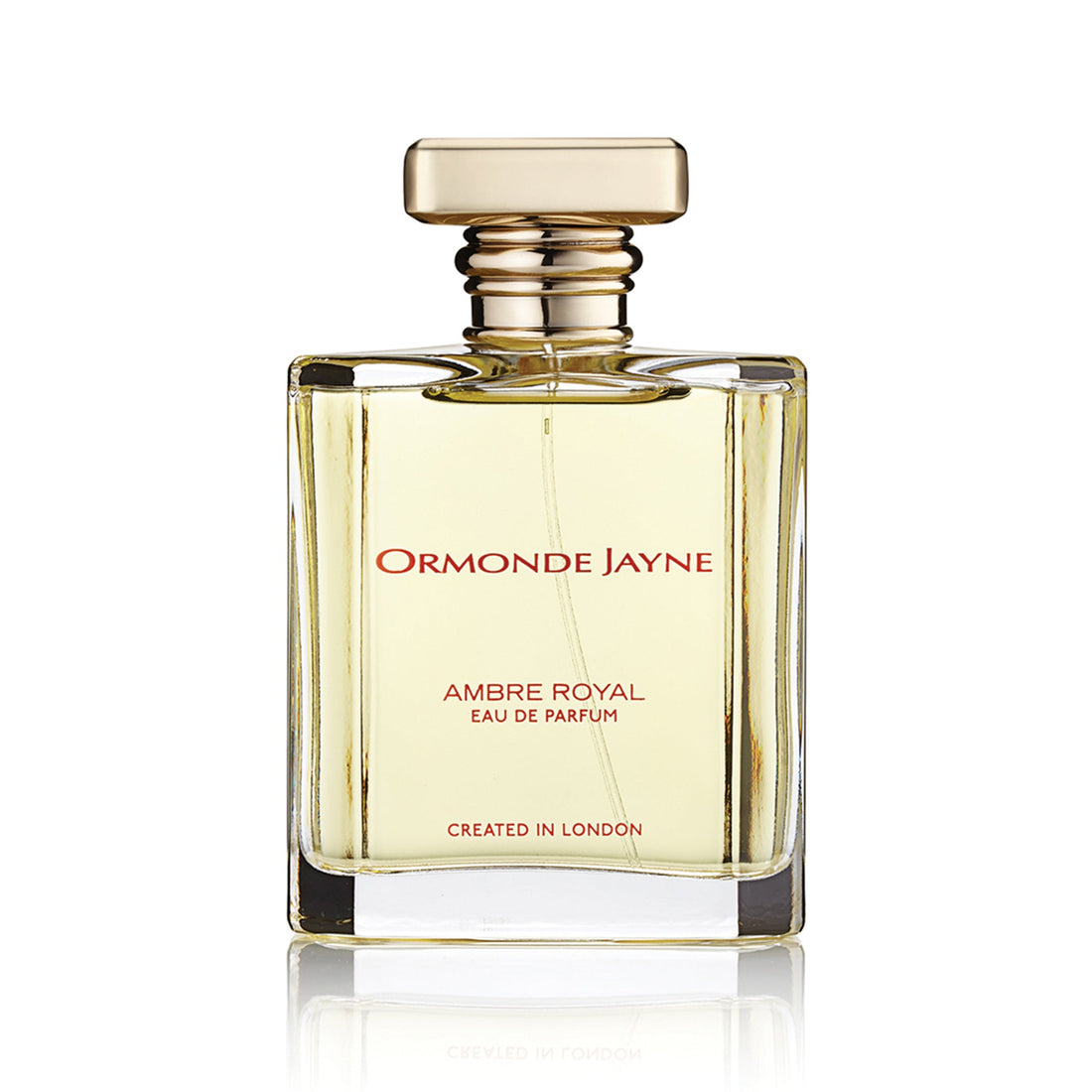 Ormonde Jayne Ambre Royal perfume 120ml in clear glass bottle with gold cap on white and red background