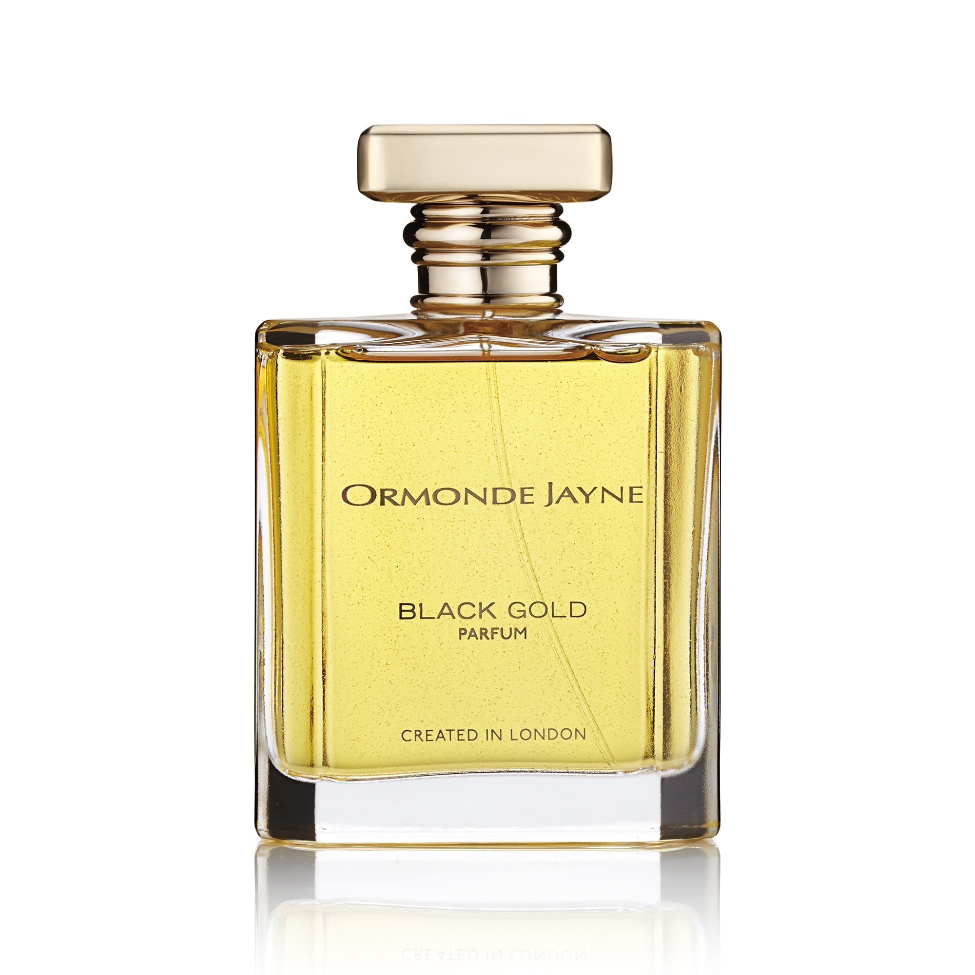 Ormonde Jayne Black Gold Parfum 120ml bottle with gold cap and clear rectangular glass