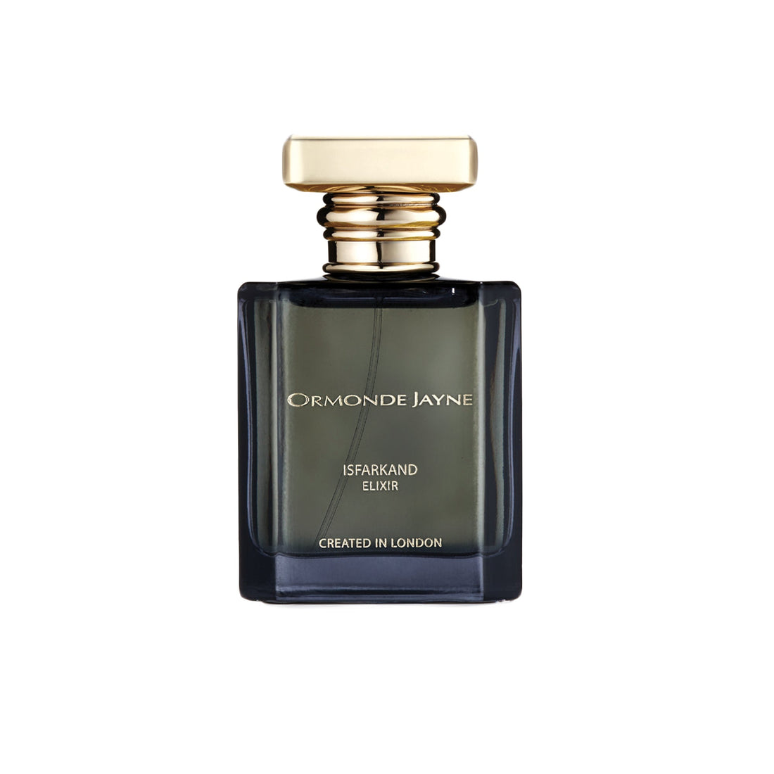 Ormonde Jayne Isfarkand Elixir perfume bottle with gold cap and dark glass design