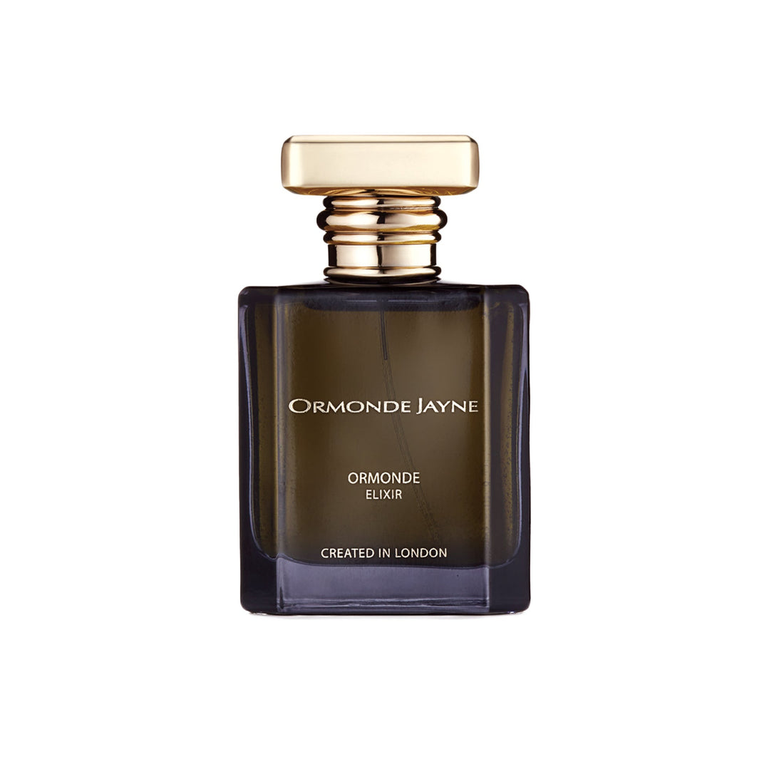 Ormonde Jayne Ormonde Elixir 50ml perfume bottle with gold cap and dark glass design