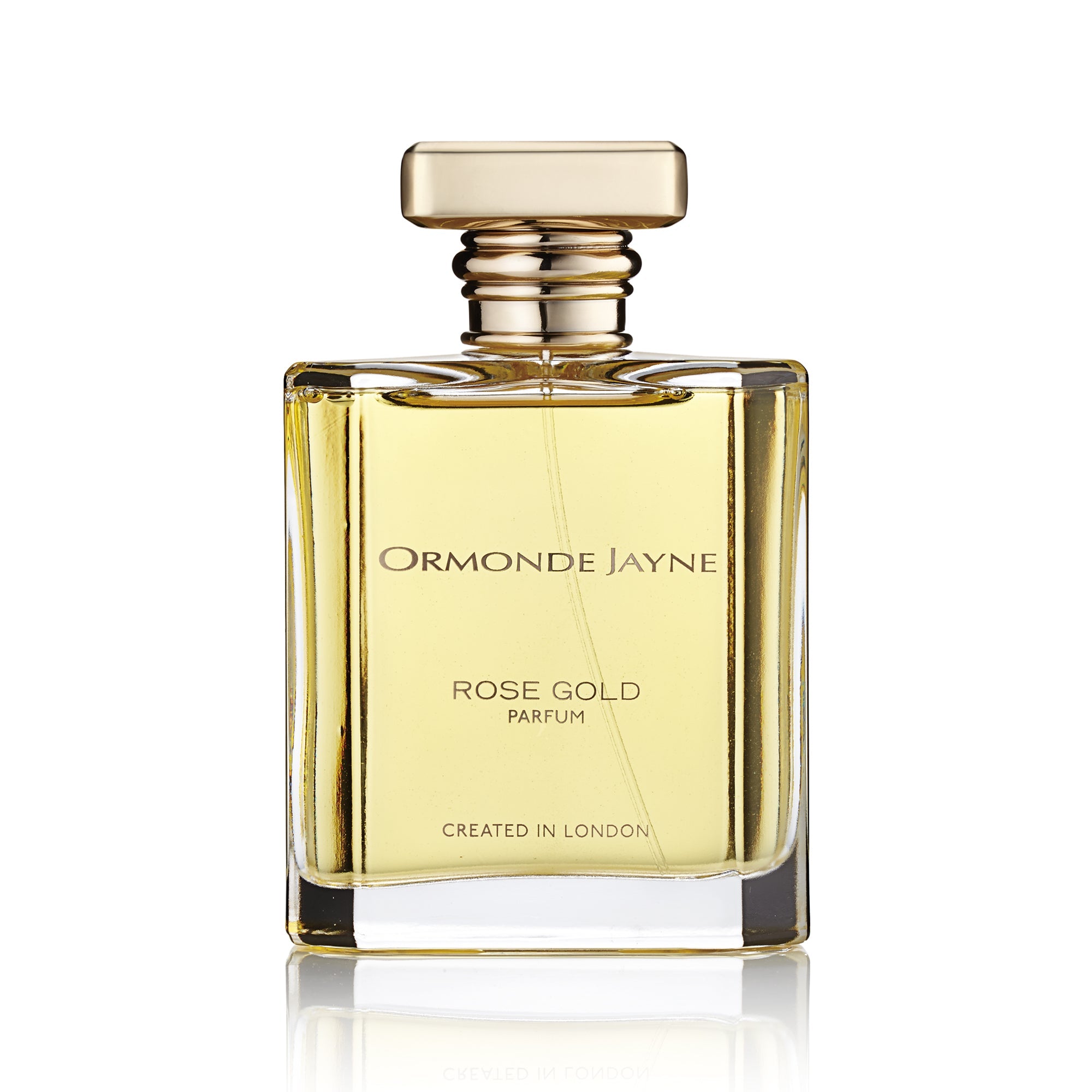 Ormonde Jayne Rose Gold perfume 120ml in a clear rectangular glass bottle with gold cap