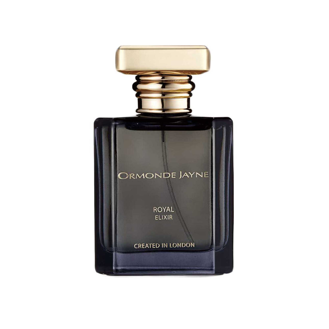 Ormonde Jayne Royal Elixir fragrance 50ml bottle placed on an open book with gold jewelry and lipstick nearby