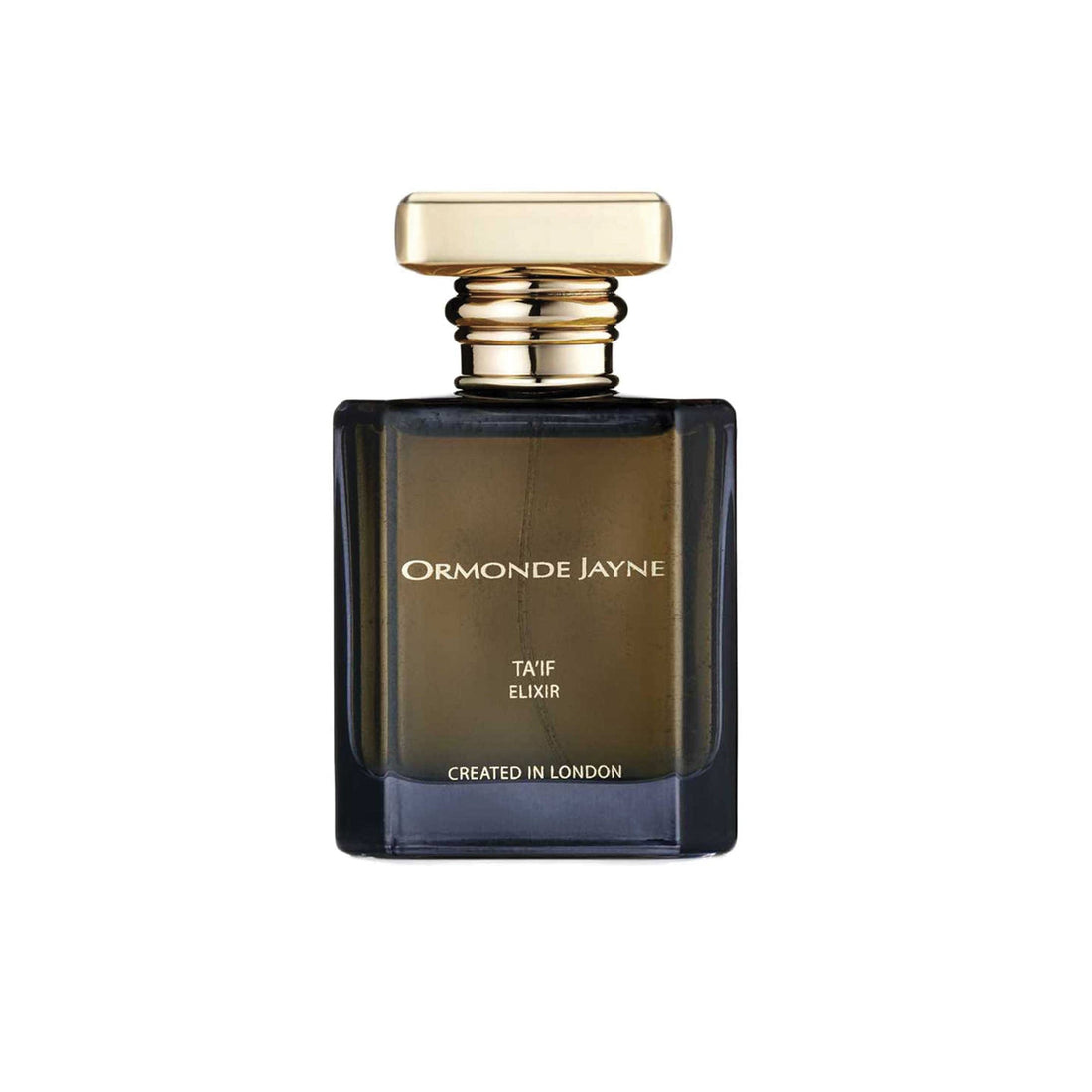 Ormonde Jayne Ta'if Elixir 50ml perfume bottle with gold cap and dark rectangular glass