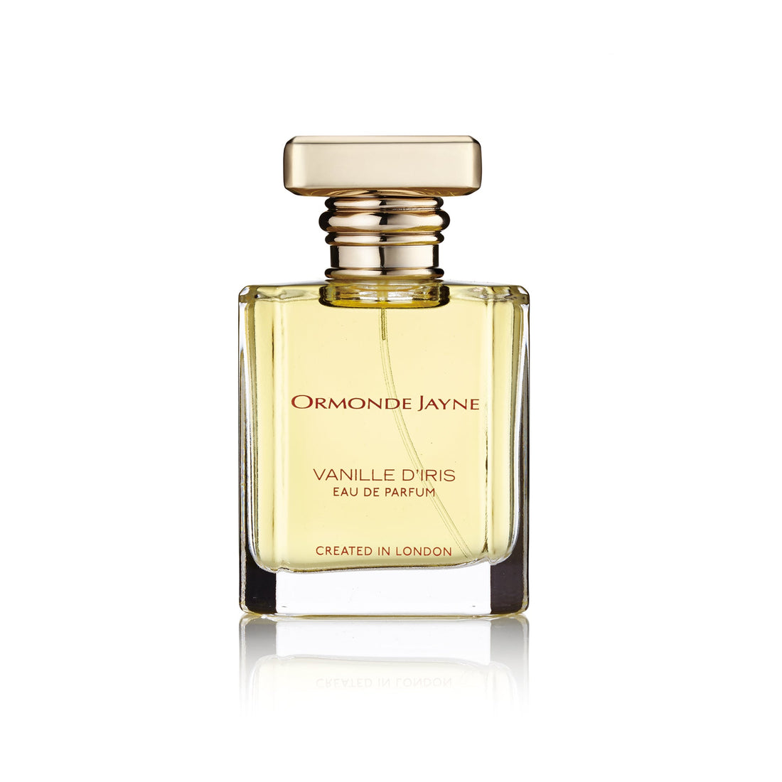 Ormonde Jayne Vanille D'Iris perfume bottle with gold cap and clear glass showing light yellow fragrance