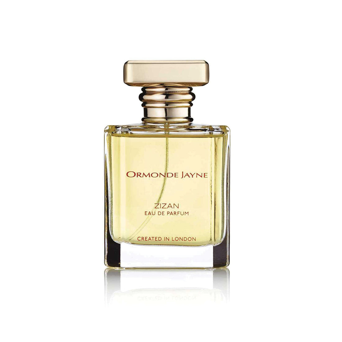 Ormonde Jayne Zizan perfume in a clear glass bottle with gold cap and light yellow fragrance