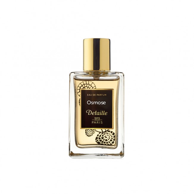 Detaille Osmose perfume 50ml bottle with gold cap and black label in clear glass container