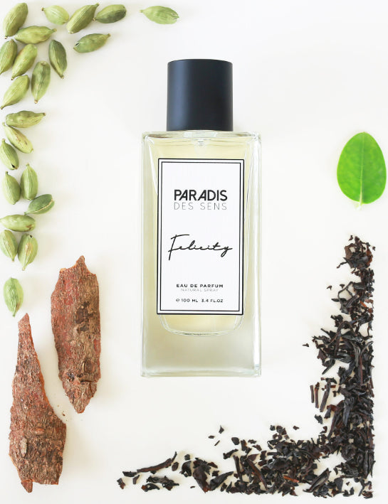 Paradis des Sens Felicity niche perfume Dubai Eau de Parfum with minimalist bottle and white box