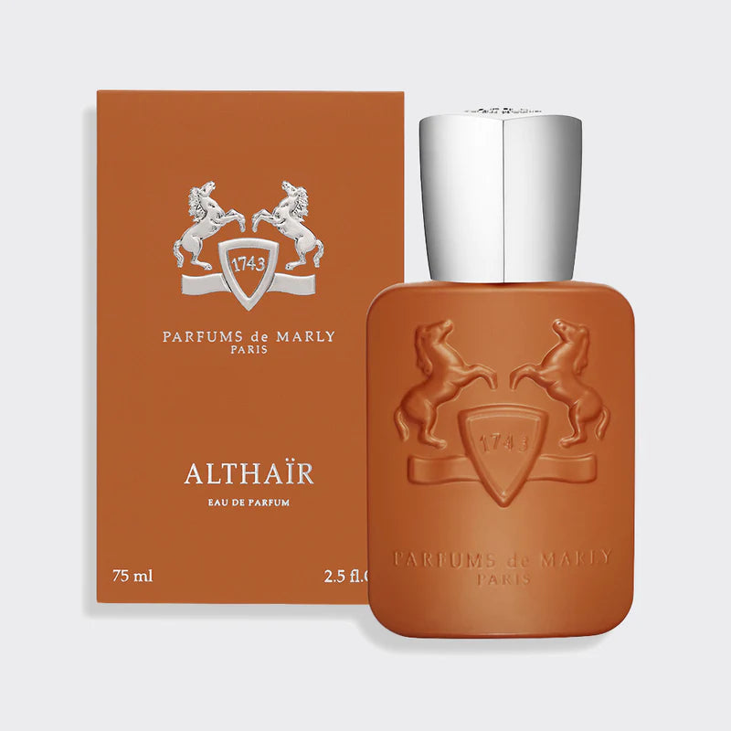 Parfums de Marly Althair EDP 125ml perfume bottle and packaging in brown with silver cap