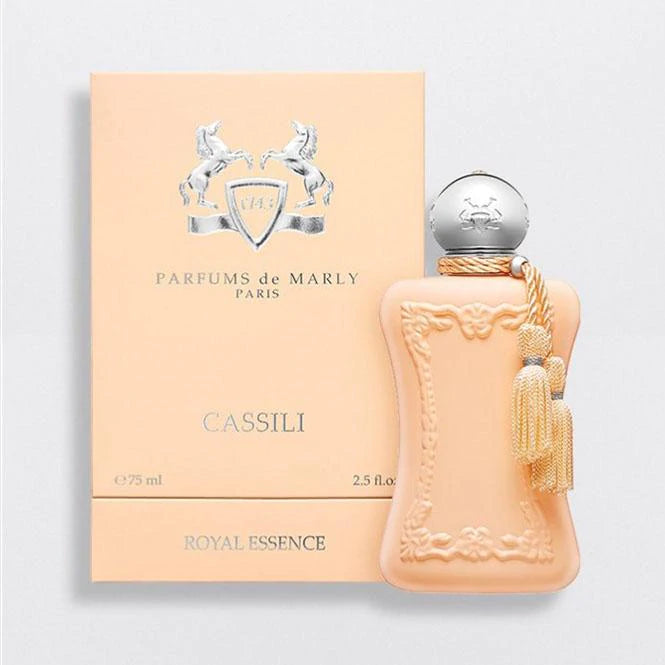 Parfums De Marly Cassili 75ml perfume bottle in matte peach with silver cap and decorative tassels