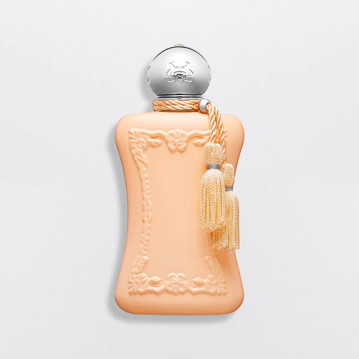 Parfums De Marly Cassili 75ml perfume bottle in matte peach with silver cap and decorative tassels