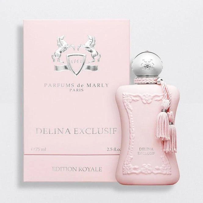 Parfums De Marly Delina Exclusif 75ml pink perfume bottle with silver cap and decorative tassels