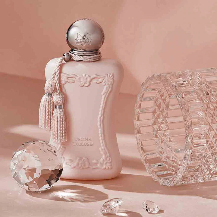 Parfums De Marly Delina Exclusif 75ml elegant pink perfume bottle with decorative tassels and crystal accents