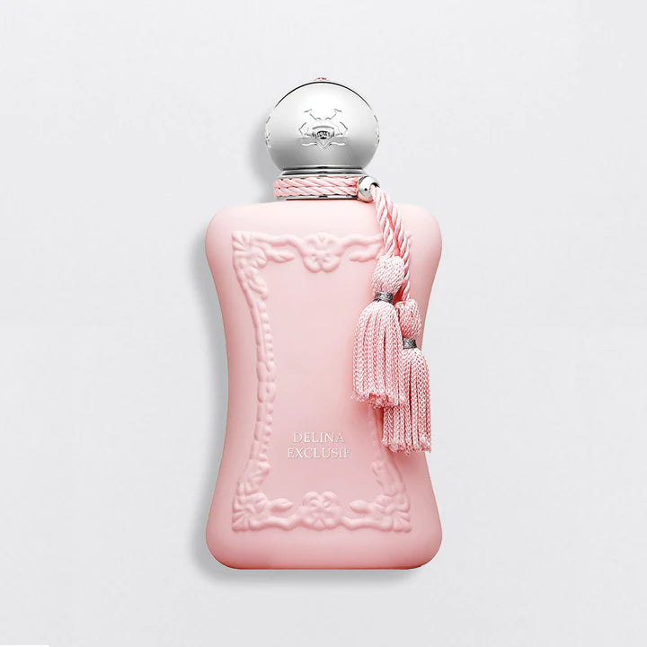 Parfums De Marly Delina Exclusif 75ml pink perfume bottle with silver cap and decorative tassels