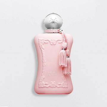 Parfums De Marly Delina Exclusif 75ml pink perfume bottle with silver cap and decorative tassels