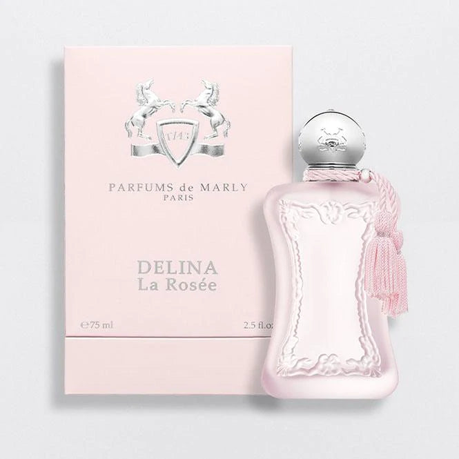 Parfums De Marly Delina La Rosee pink perfume bottle with silver cap and decorative tassel