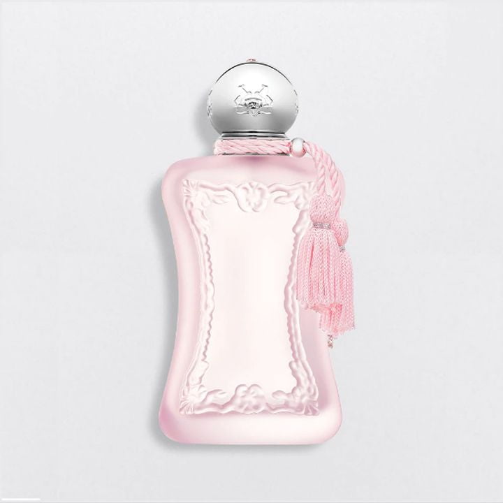 Parfums De Marly Delina La Rosee pink perfume bottle with silver cap and decorative tassel