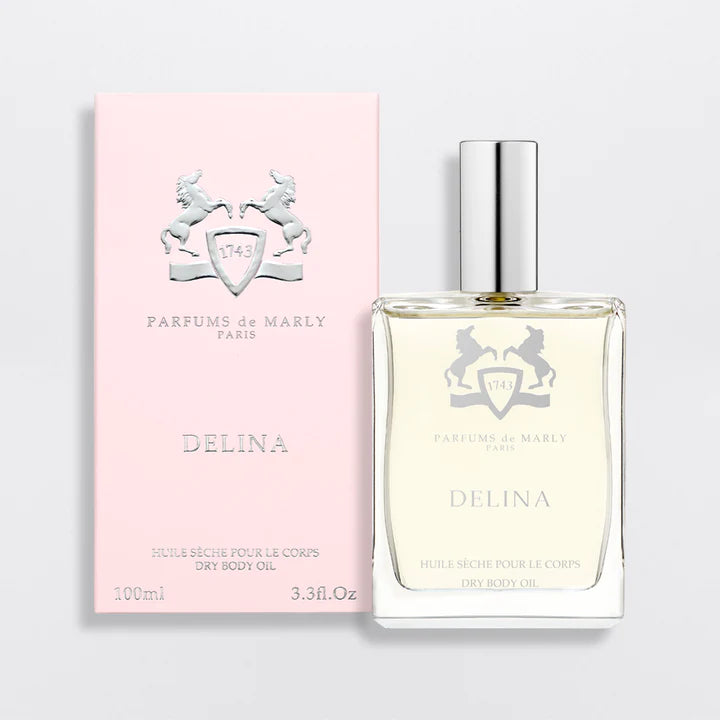 Parfums de Marly Delina oil 100ml dry body oil with elegant pink box and clear glass bottle