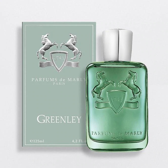 Parfums De Marly Greenley 125ml perfume bottle in green glass with silver cap and embossed horse design