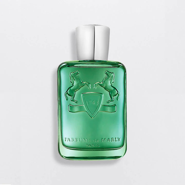 Parfums De Marly Greenley 125ml perfume bottle in green glass with silver cap and embossed horse design