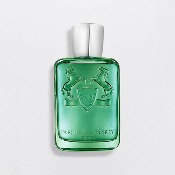 Parfums De Marly Greenley 125ml perfume bottle in green glass with silver cap and embossed horse design