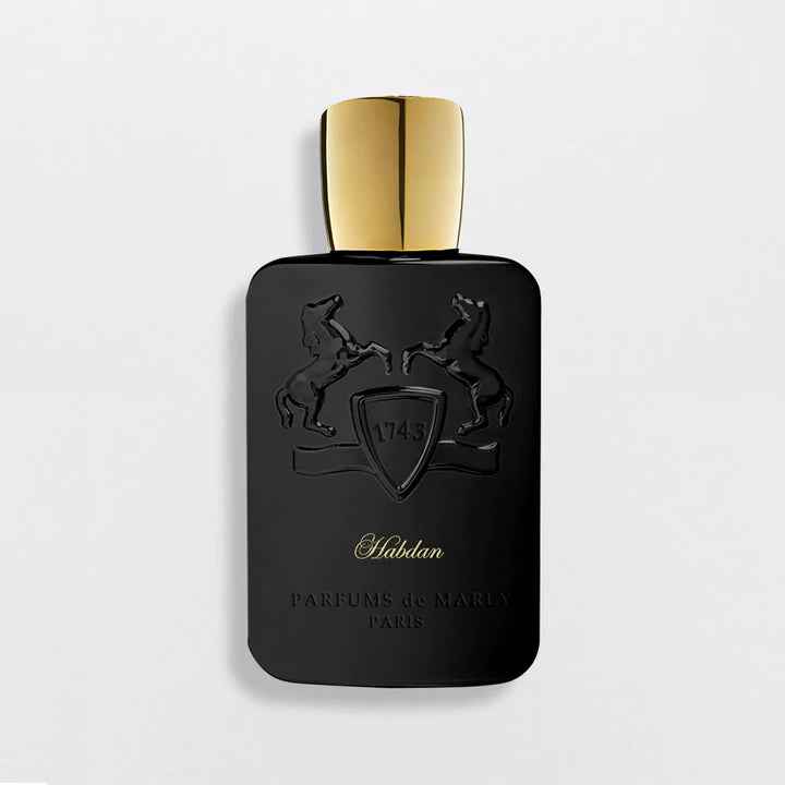 Parfums De Marly Habdan perfume black bottle with gold cap and embossed horse logo