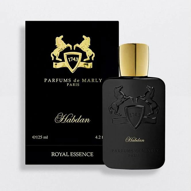 Parfums De Marly Habdan perfume black bottle with gold cap and matching black box packaging
