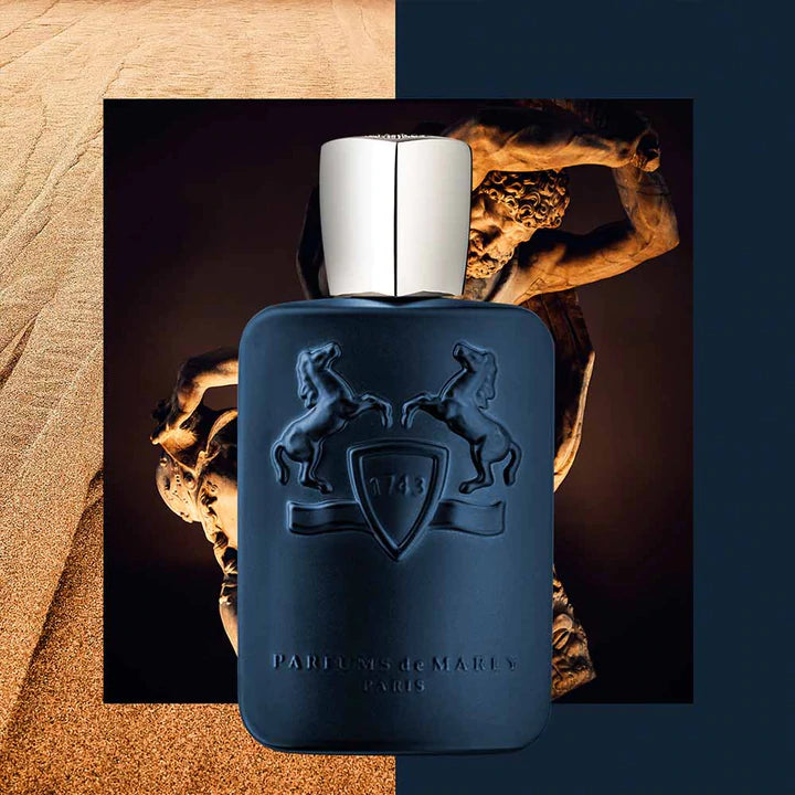 Parfums De Marly Layton 125ml perfume bottle in matte blue with silver cap and embossed horse design